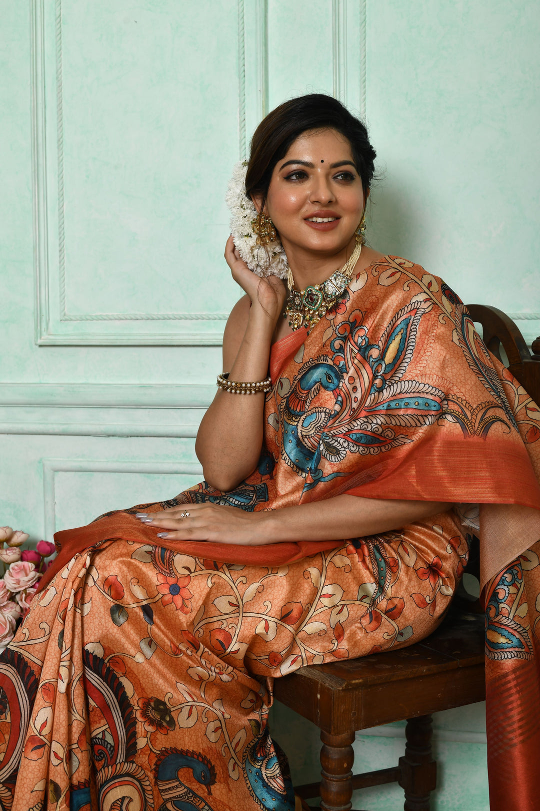 Ghicha Tussar silk saree with intricate Kalamkari design and tassels