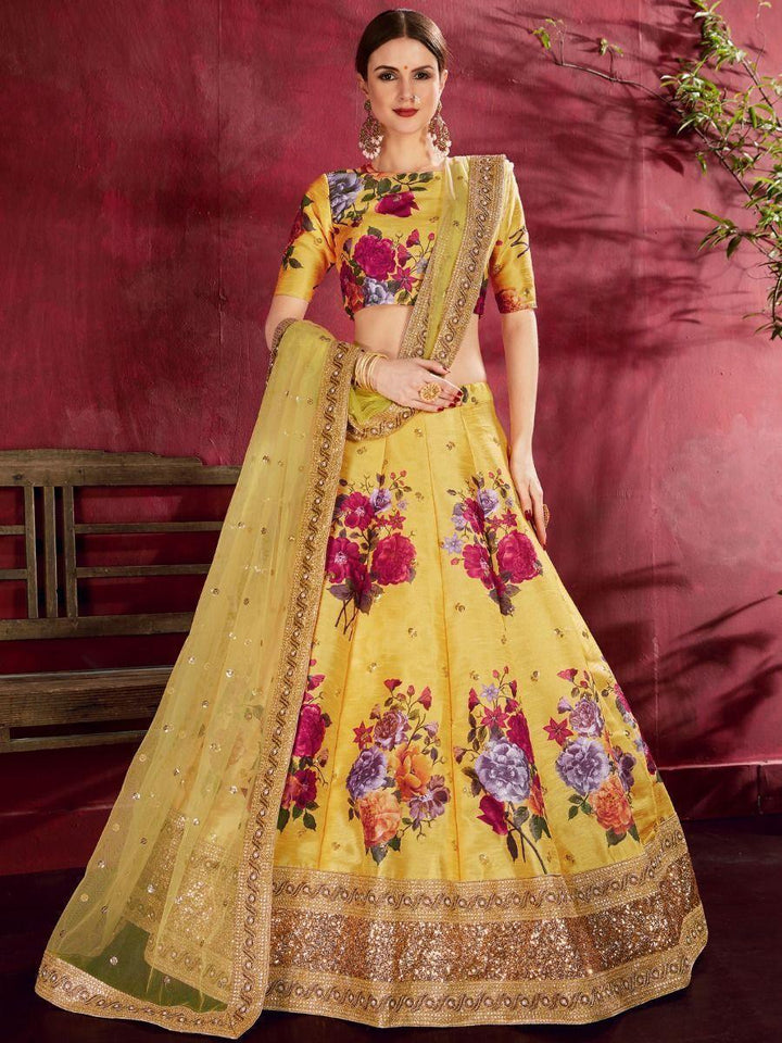 Chic Yellow Lehenga Choli | Floral Print, Sequins & Lace Border Dupatta