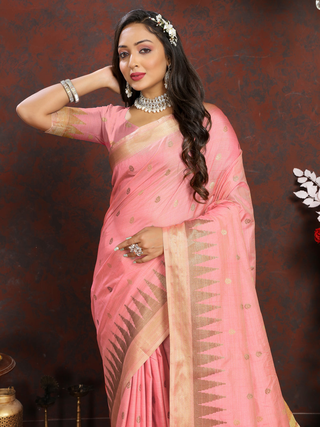 Premium Peach Katan Silk Saree featuring delicate zari weaving and designer pallu tassels.