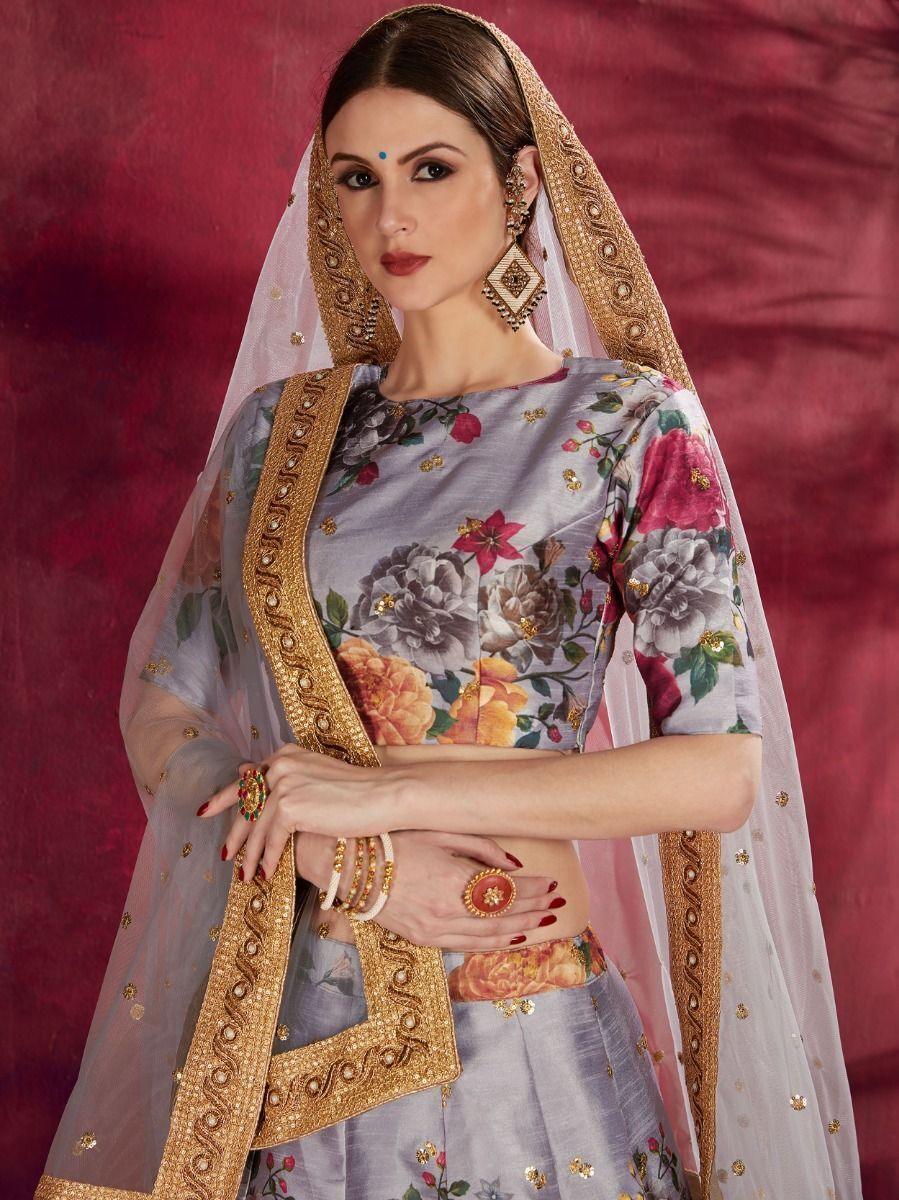 Beautiful Grey Lehenga | Floral Print & Sequins Work with Lace Border Dupatta