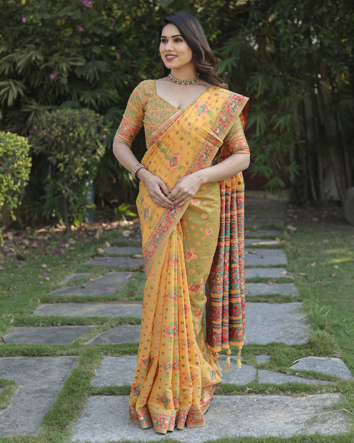 Stunning Yellow Pashmina Weaving Cotton Saree with exquisite woven Pallu, perfect for festivals.