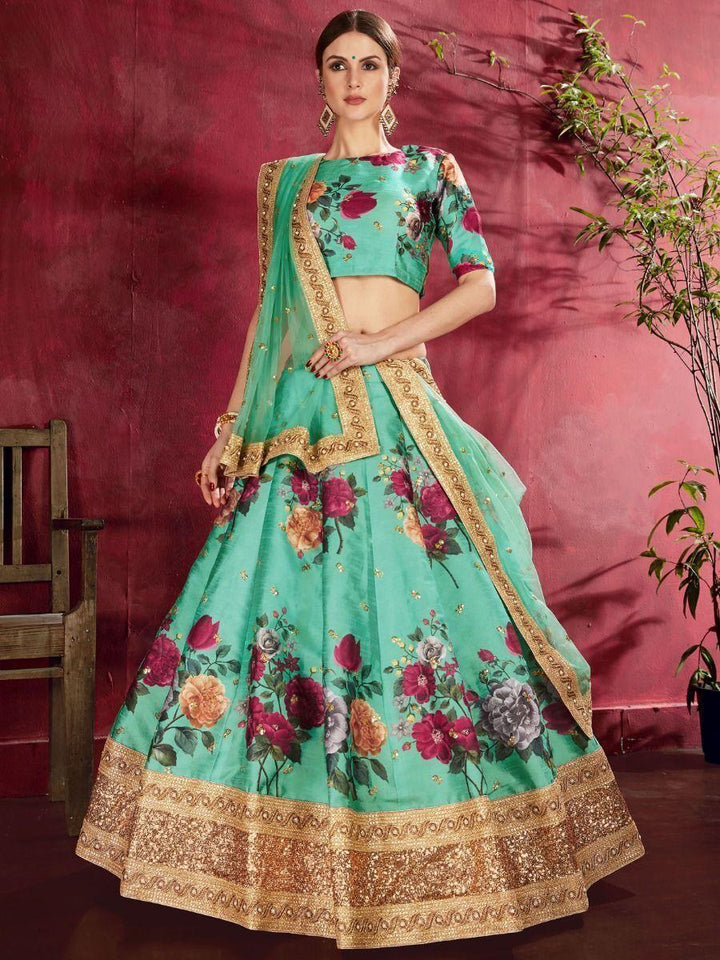 Glamorous Green Lehenga | Banglori Silk with Floral Print & Sequins for Weddings