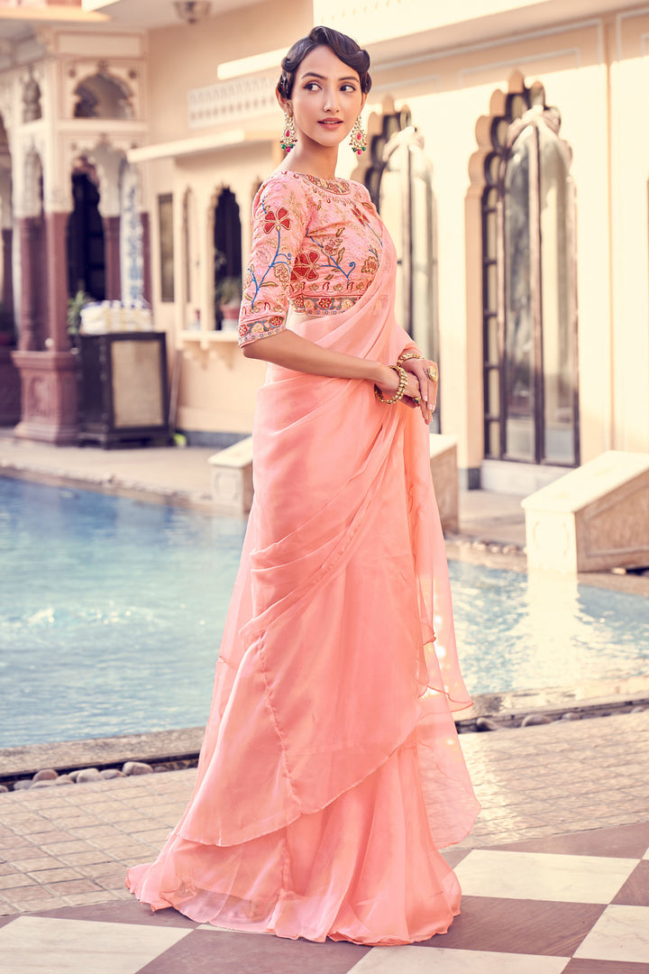 Elegant Ruffled Organza Saree | Indian Wedding Saree in Peach