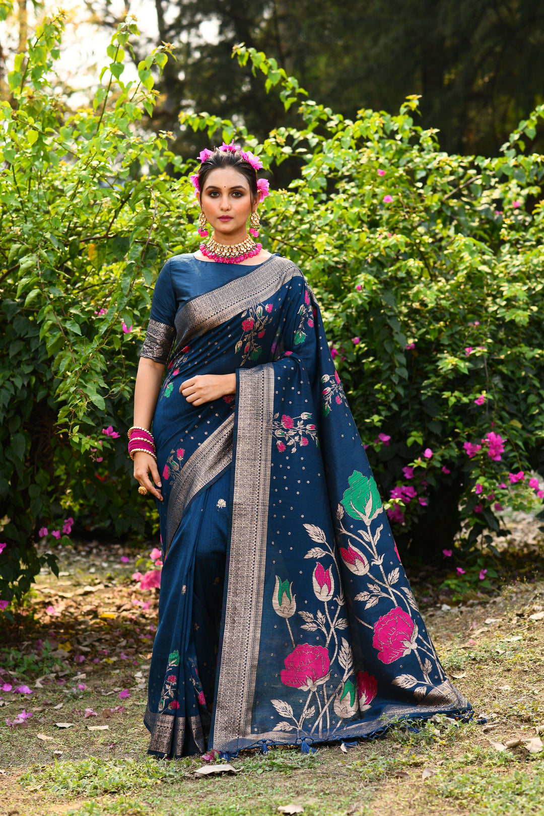 Elegant dark green Desi tussar silk saree with zari weaving, perfect for festive celebrations.