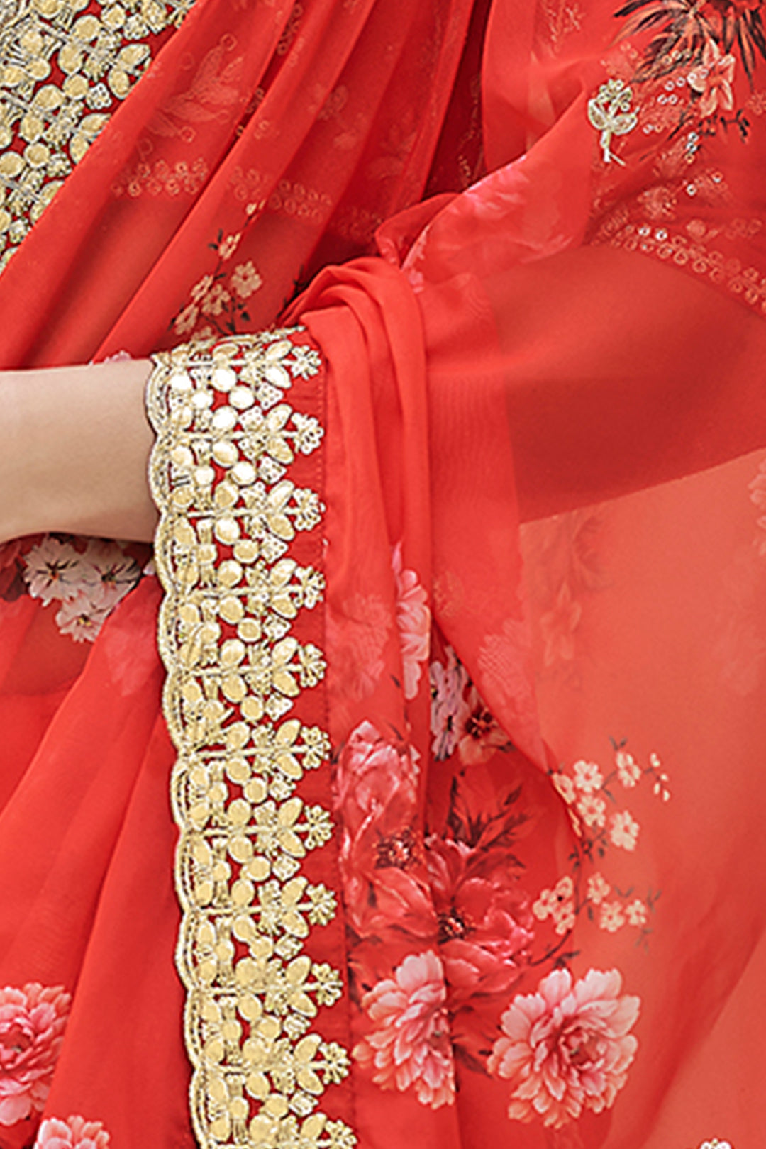 Floral Printed Red Embroidered Organza Saree | With Blouse Included