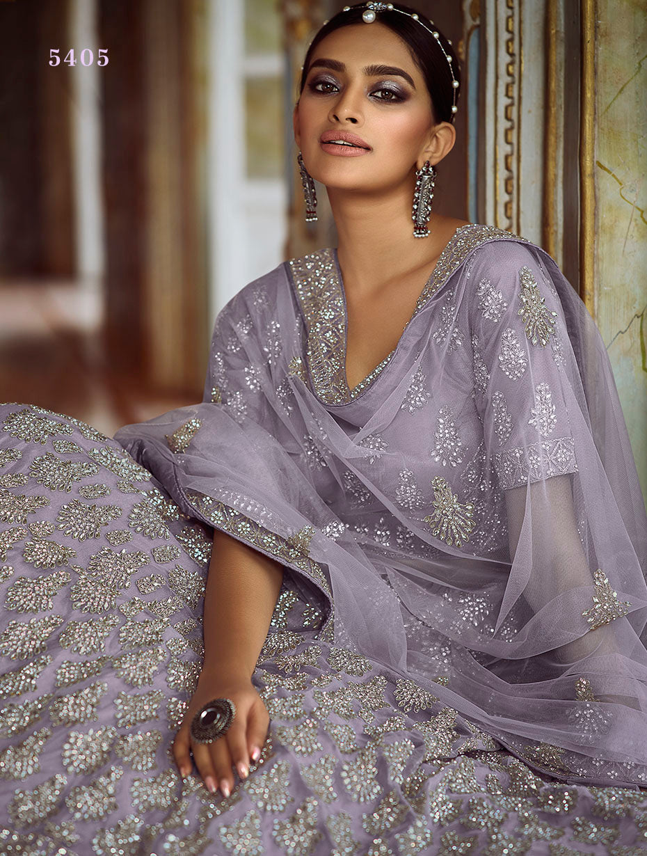 Gray Soft Net Lehenga with Dori and Zarkan Work | Elegant Bridal Wear