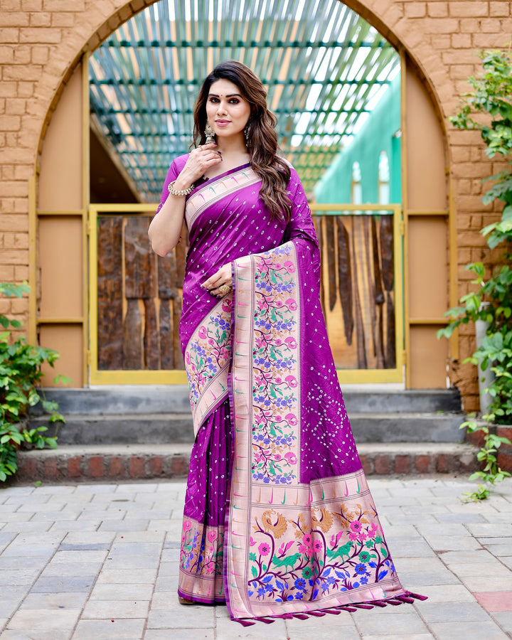 Dark purple Bandhej silk saree with a matching tassel-adorned Paithani pallu, showcasing traditional craftsmanship.