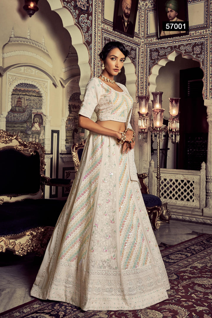 White Georgette Embroidered Lehenga | Semi-Stitched with Blouse