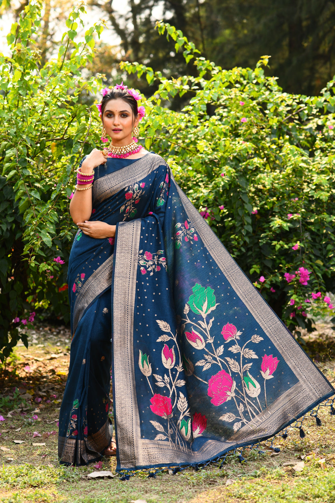 Dark green Desi tussar silk saree with traditional zari weaving, a sophisticated choice for Indian ceremonies.