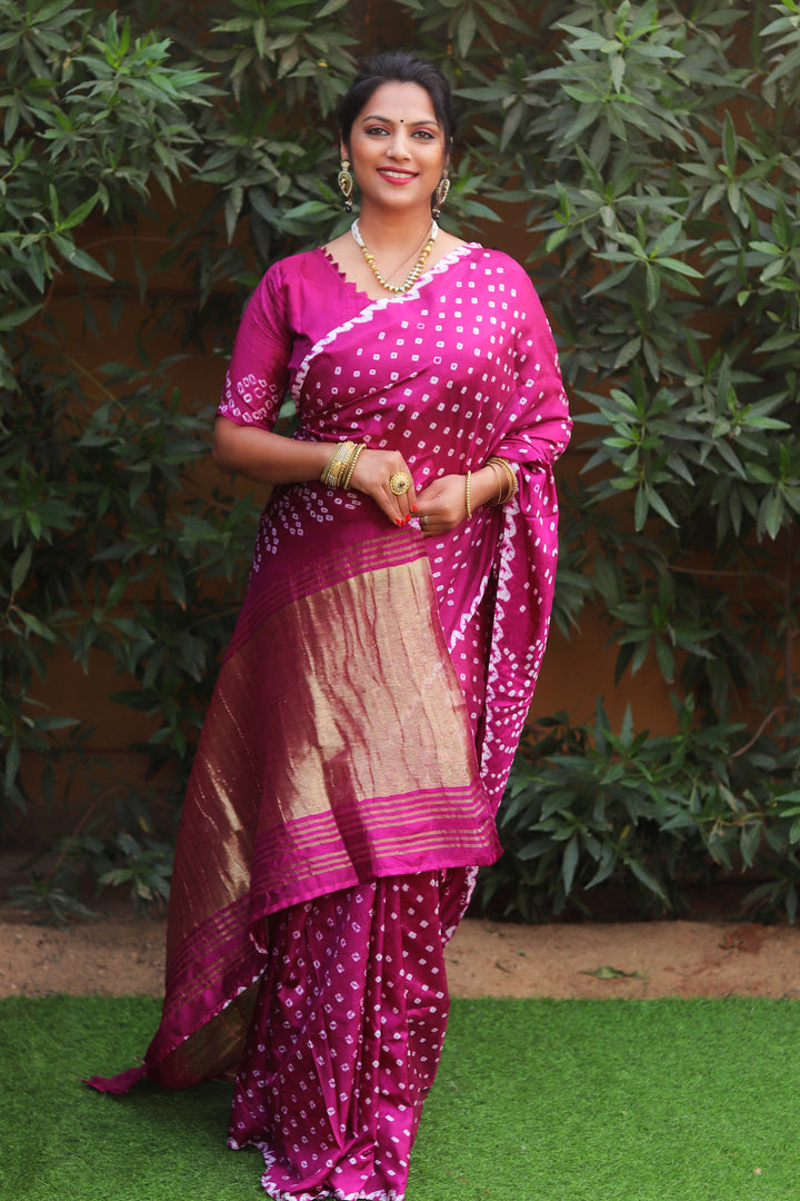 Bright pink Bandhej silk saree with Lagdi Patta and Zari Weaving Rich Pallu, perfect for festive wear in the USA.