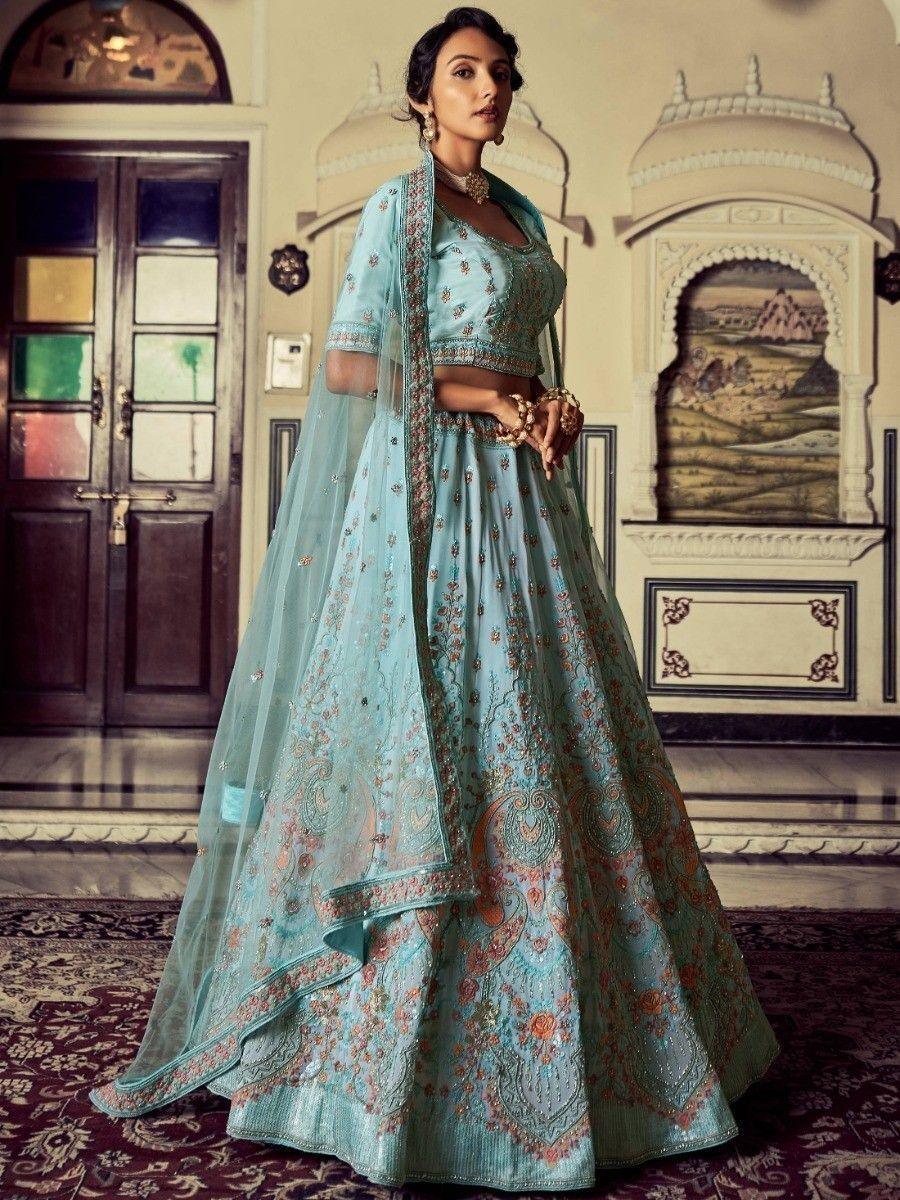 Turquoise Lehenga | Georgette Material with Zarkan & Glitter Zari Embroidery