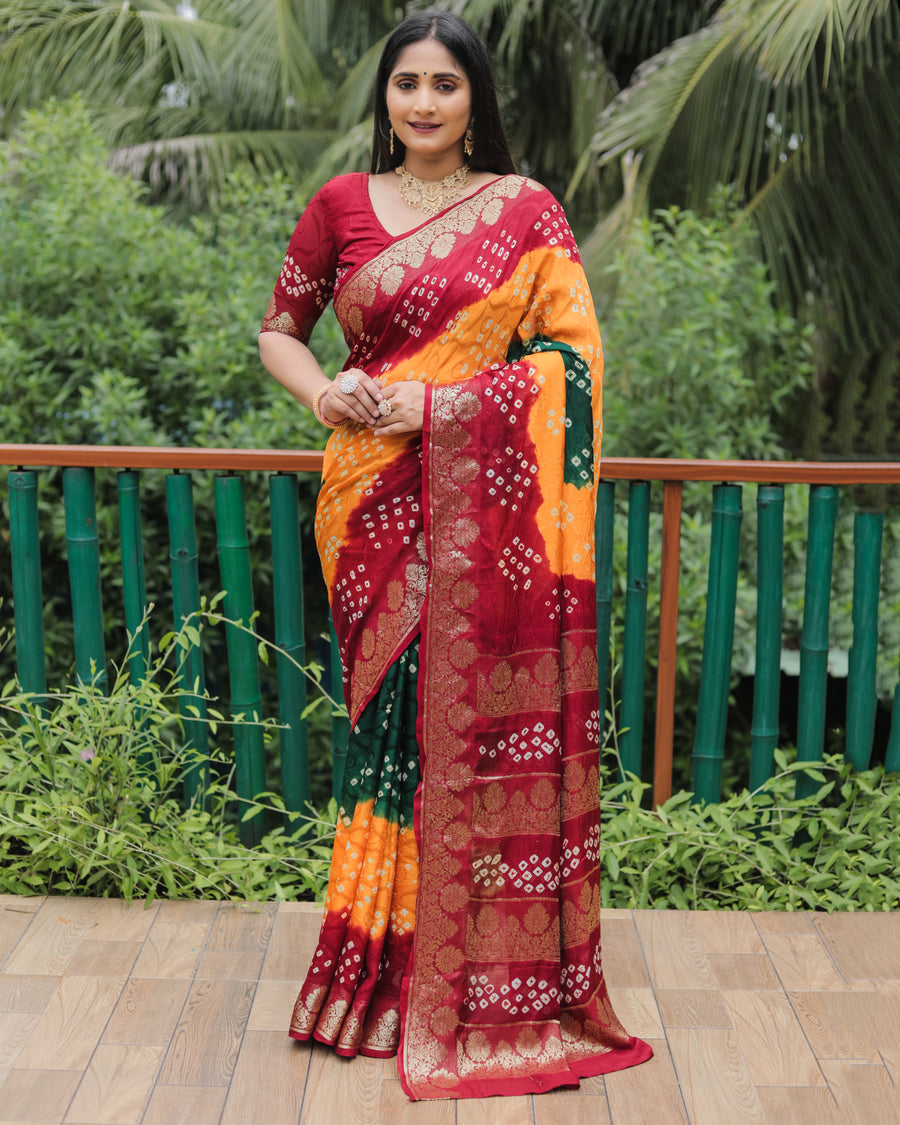 Mustard Yellow Pure Bandhej Silk Saree with intricate zari border and beautifully woven pallu.