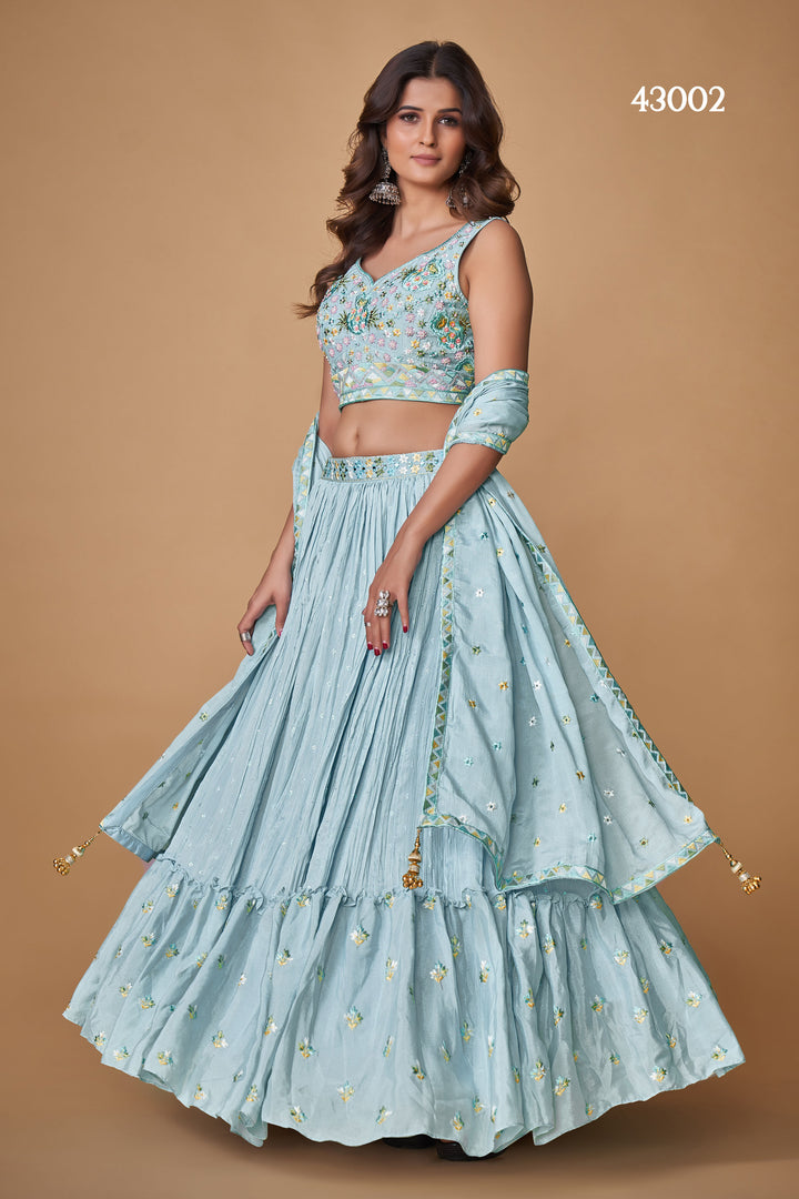 Powder Blue Chiffon Silk Lehenga | Bridal & Wedding Wear