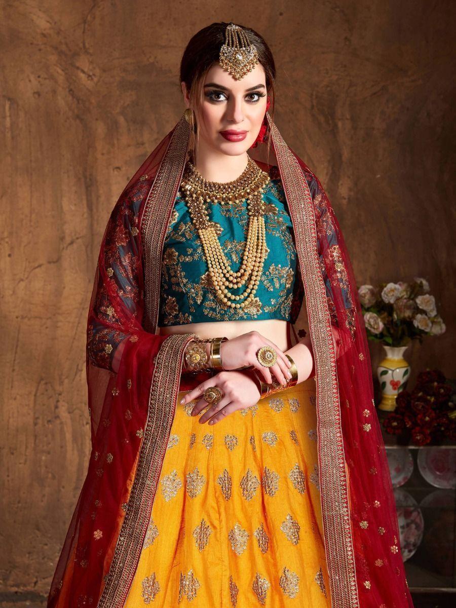 Banarasi Silk Lehenga Set | Teal & Yellow with Maroon Dupatta