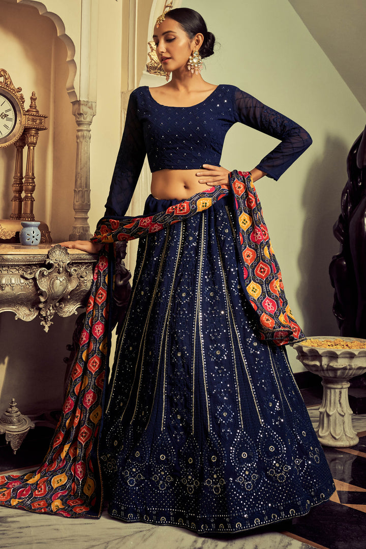 Navy Blue Georgette Lehenga Choli | Sequins & Thread Embroidery Design