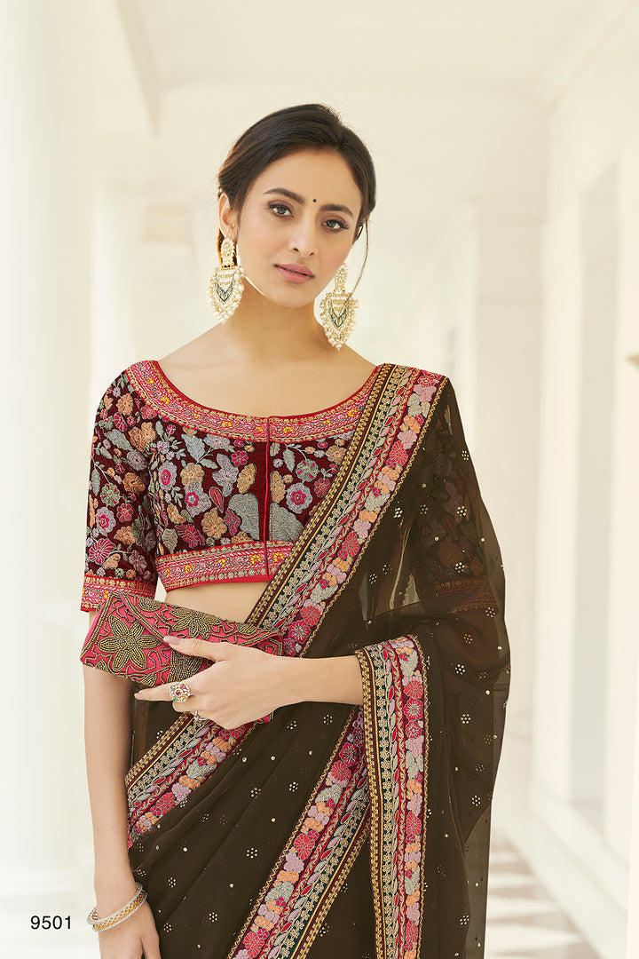 Olive Brown Organza Embroidered Saree | Stunning Heavy Work Design With Blouse