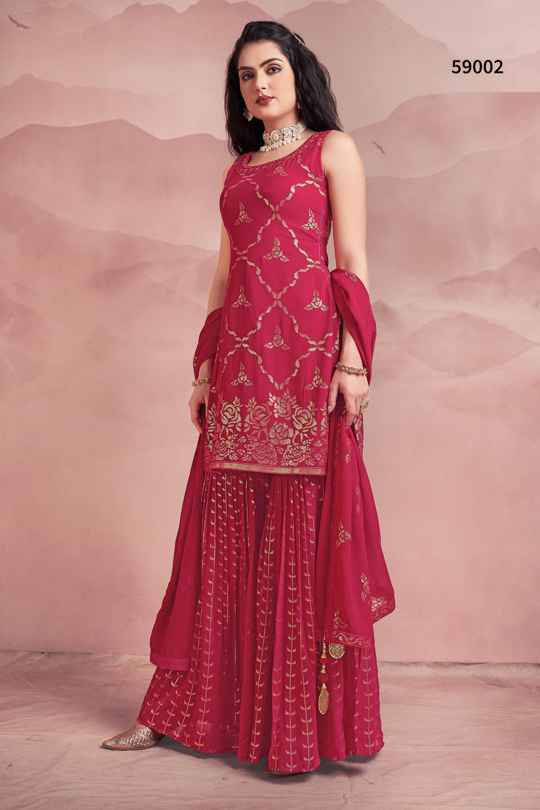 Pink Georgette Kurti Set | Sequins Work Sharara Dupatta Set