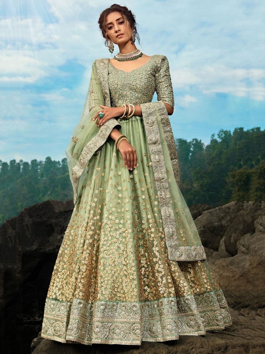 Traditional Green Net Lehenga Choli | Bridal Wear with Sequins