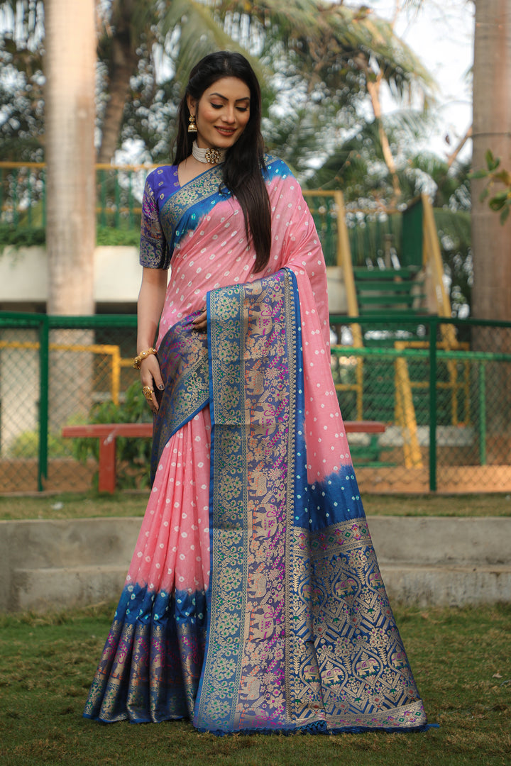 Beautiful Pink Pure Bandhej Silk Saree with a designer Kanjivaram border and intricate Minakari pallu.