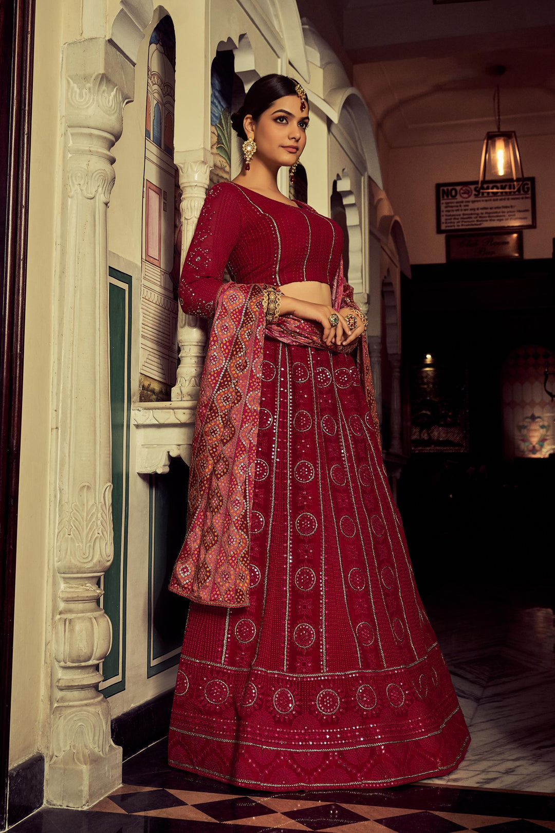 Red Georgette Embroidery Lehenga Choli | Zari & Thread Work Design