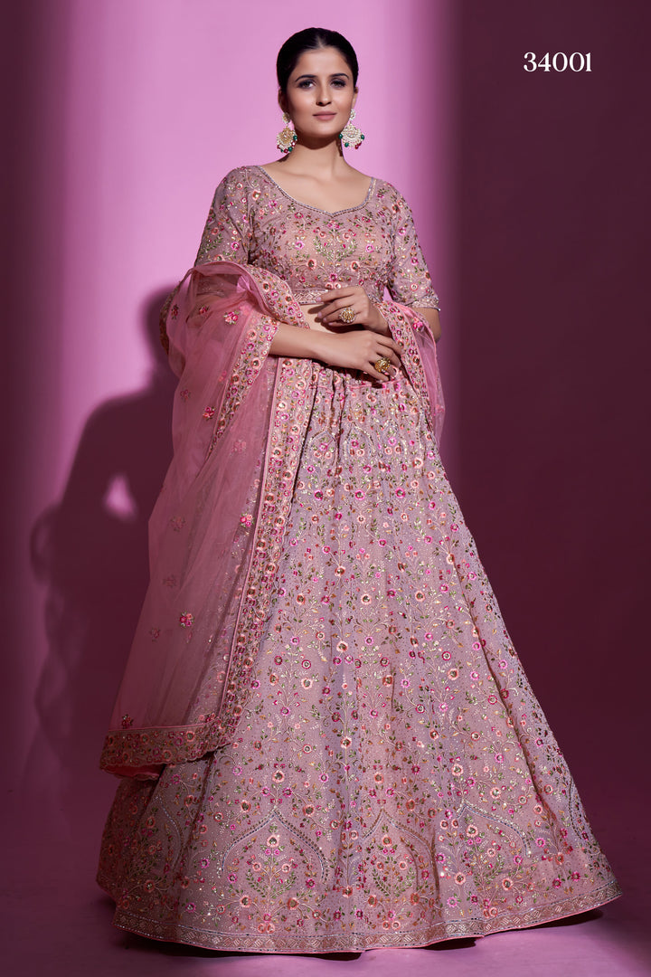 Mauve Georgette Lehenga | Swarovski Embellished Net Lehenga for Special Occasions