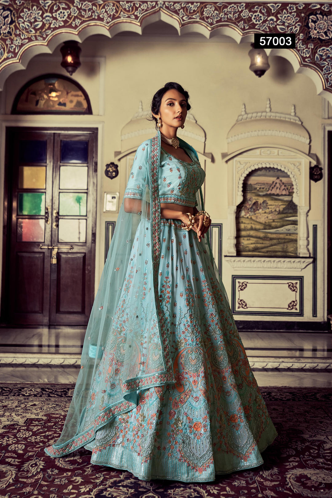 Turquoise Georgette Embroidered Lehenga | Thread & Sequins Work with Dupatta