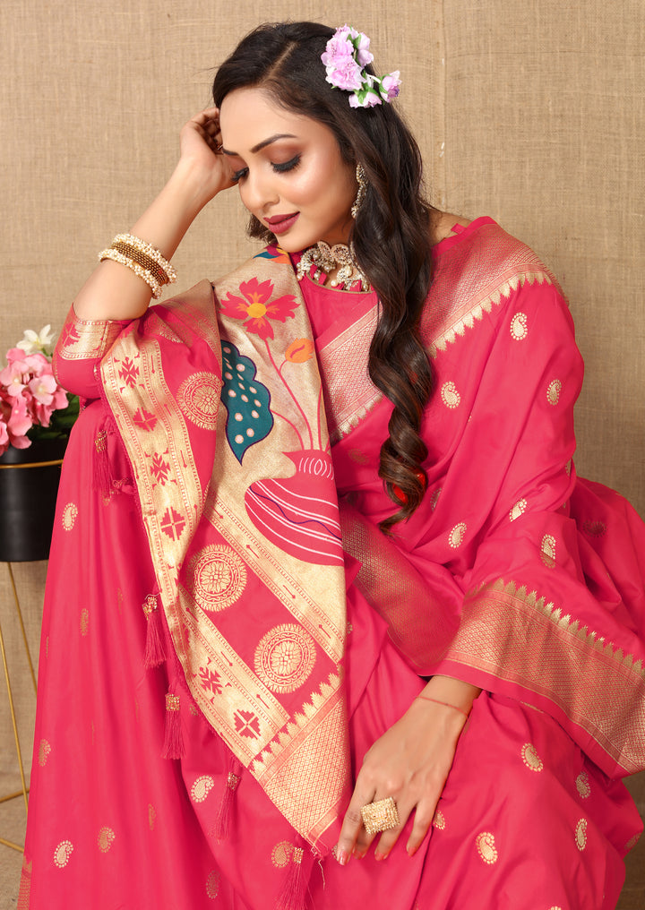 Timeless pink Designer Paithani saree with luxurious zari and meenakari, perfect for cultural celebrations.