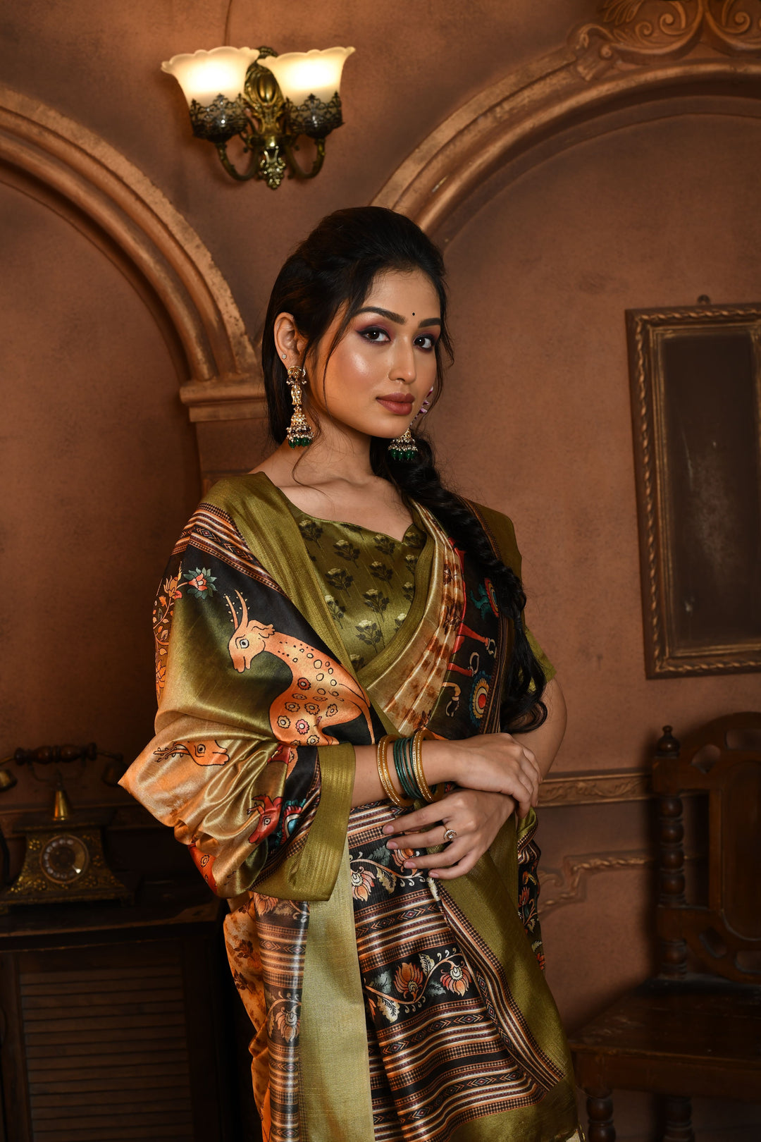 Buy olive Kalamkari Tussar silk saree with a stunning contrast blouse for special occasions in the USA.