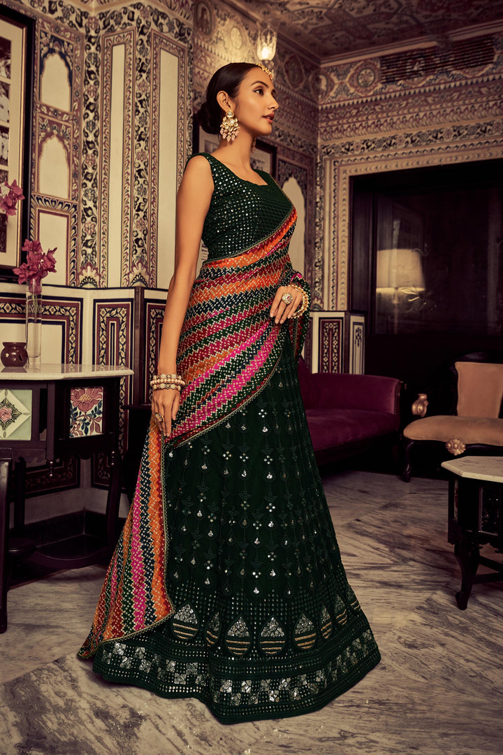 Green Embroidered Georgette Lehenga Choli | Semi Stitched Bridal Set