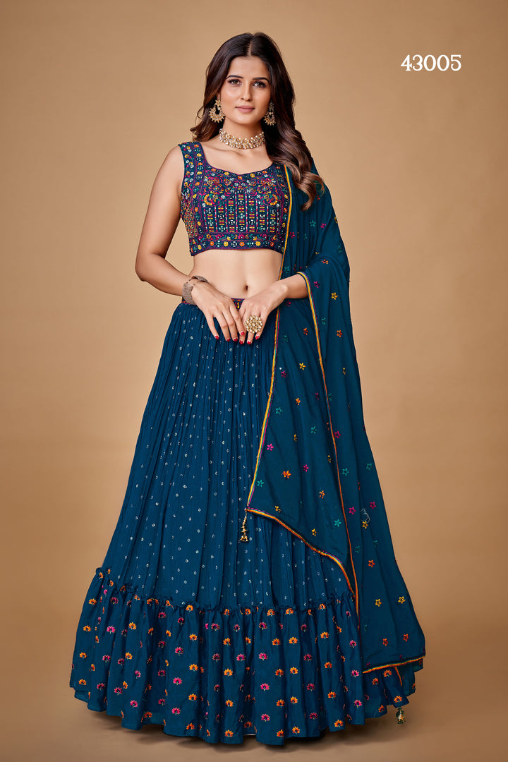 Navy Blue Chiffon Silk Lehenga Choli Set | Bridal Lehenga for Wedding