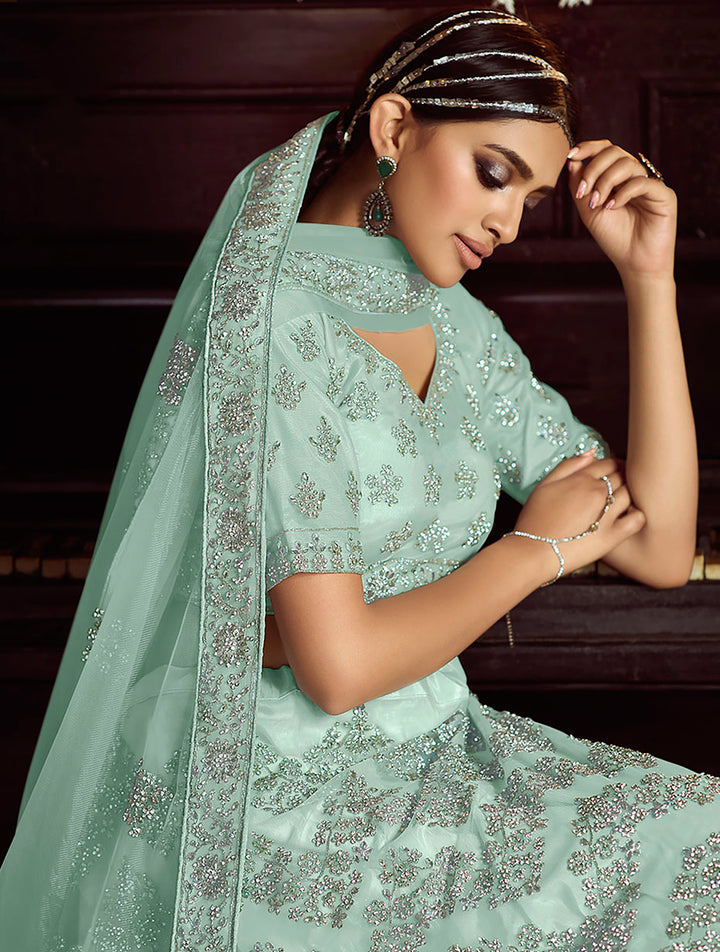 Sky Blue Soft Net Lehenga with Dori and Zarkan Work | Elegant Wedding Wear