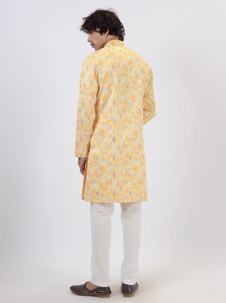 Yellow silk blend kurta pajama, men's traditional outfit for USA festive occasions