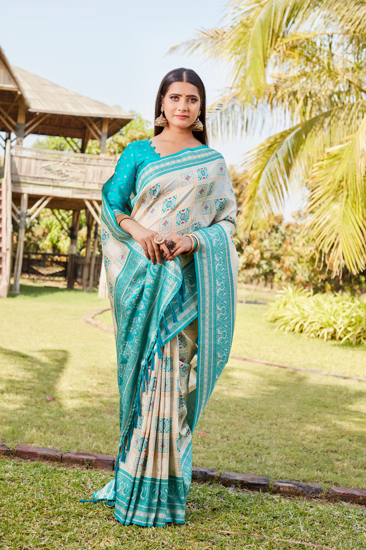 Sky-blue soft silk Kanjivaram saree with traditional design and elegant fancy borders.