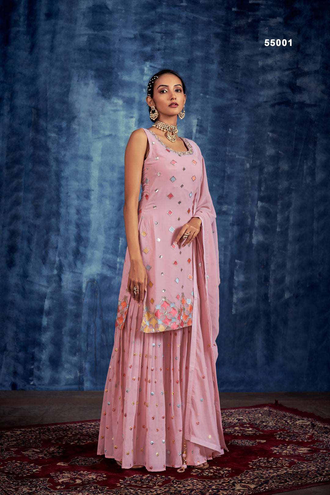 Baby pink georgette sharara outfit with zari, sequin, and beads work for wedding and parties.