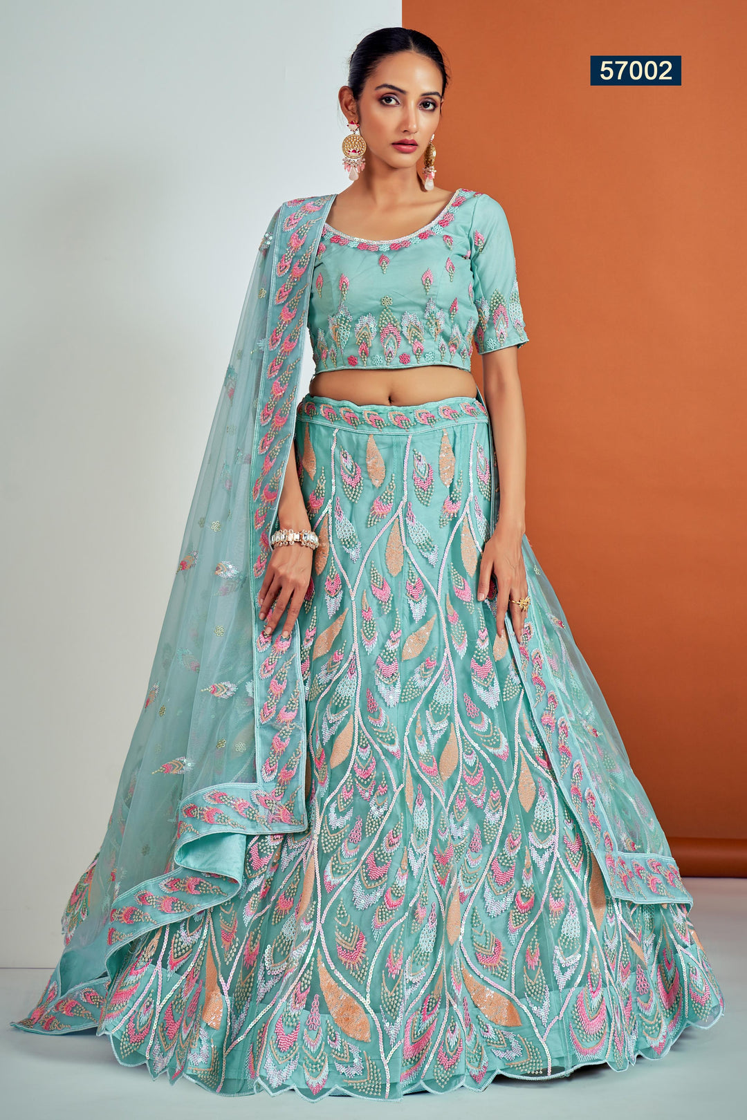 Turquoise Embroidered Net Lehenga | Wedding Wear Lehenga Choli Set