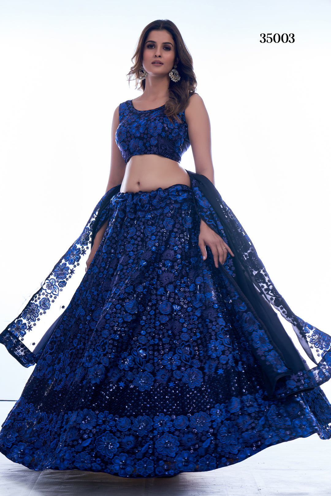 Elegant Navy Blue Georgette Lehenga Set | Intricate Thread Work & Sequins