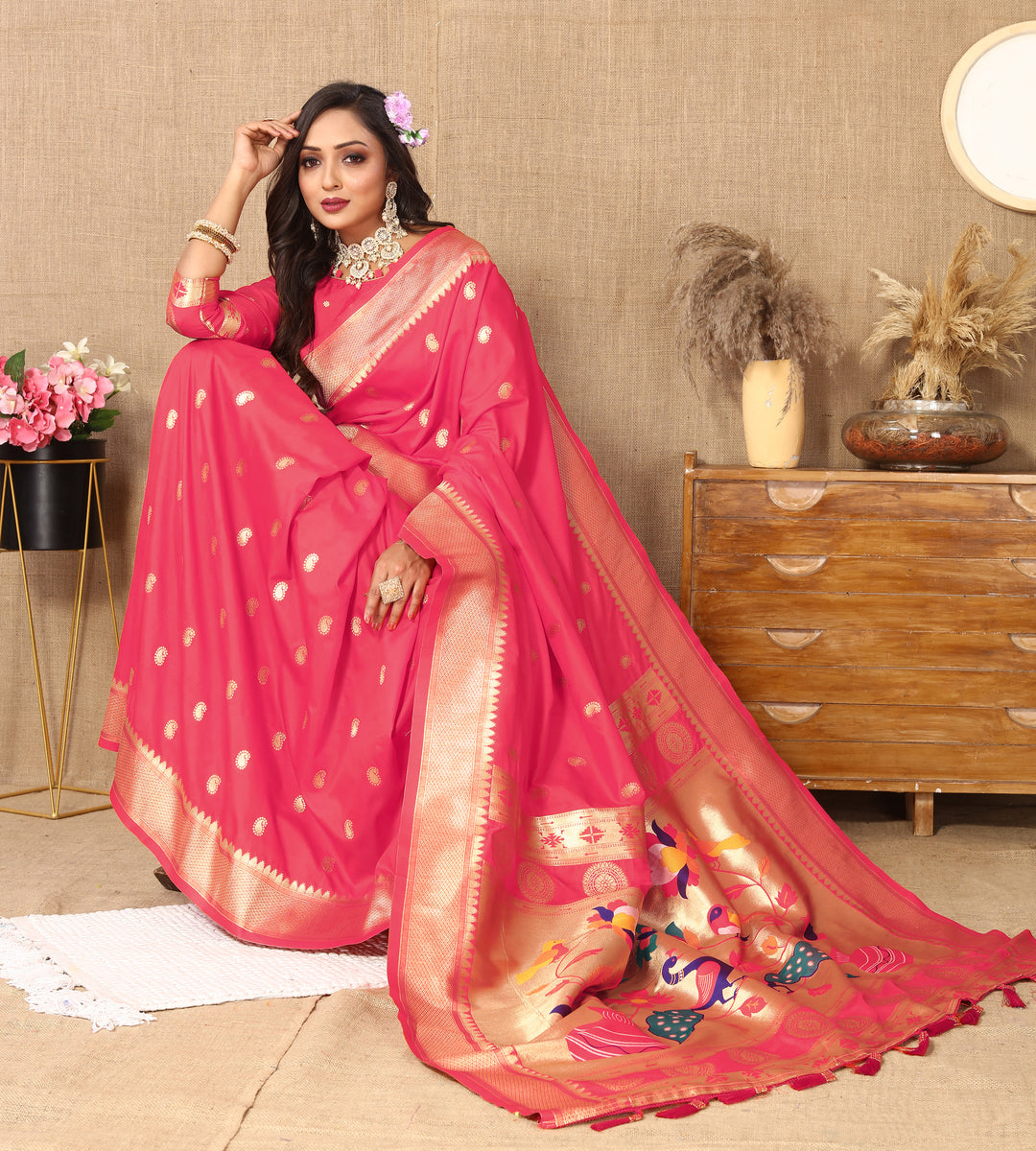 Pink Paithani silk saree featuring stunning zari and meenakari work, ideal for Indian festivals.