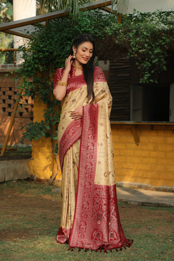 Timeless cream Kanjivaram soft silk saree with detailed weaving and ornate traditional borders for cultural events.