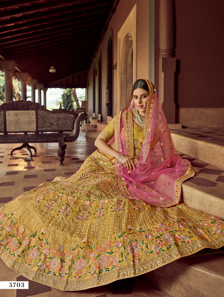 Mustard Organza Lehenga | Resham & Zari Work for Special Occasions