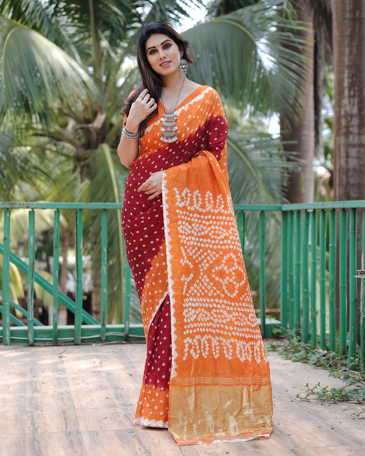 Maroon Bandhej Silk Drapes for luxurious draping, adorned with a Zari Tissue Pallu and blouse piece for USA celebrations.