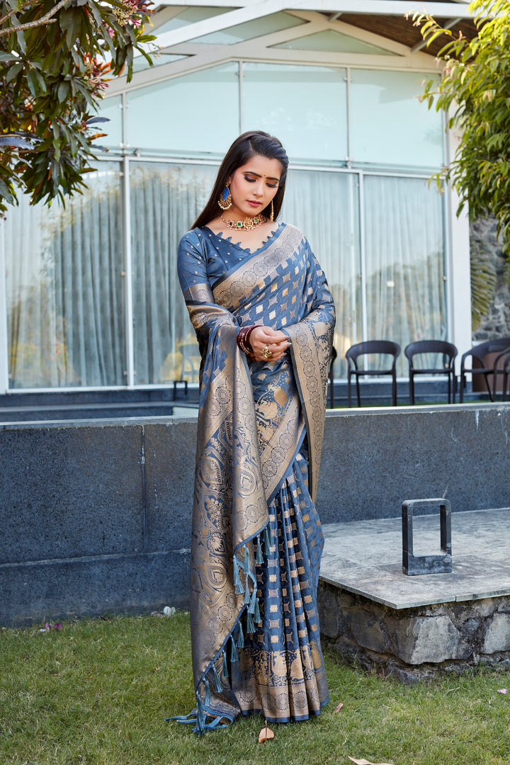 Stunning Teal-Blue Satin Silk Wedding Saree with exquisite dual weave and elegant pallu, ideal for special occasions.