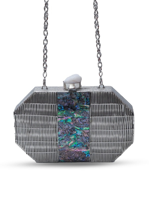 Misha Silver Mother of Pearl Clutch | Elegant Designer Evening Bag