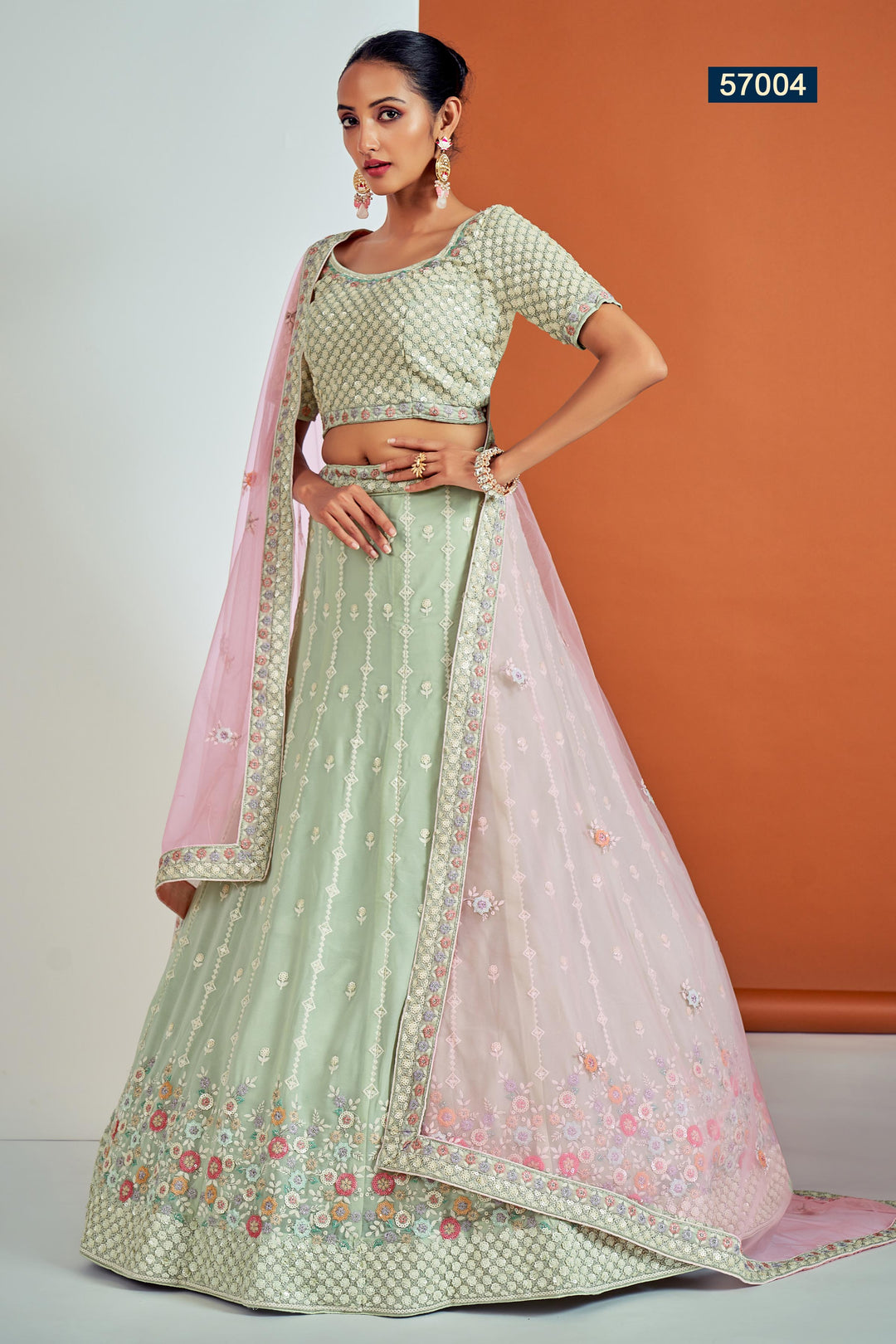 Pista Green Georgette Lehenga Choli | Indian Lehenga Choli Set with Dupatta