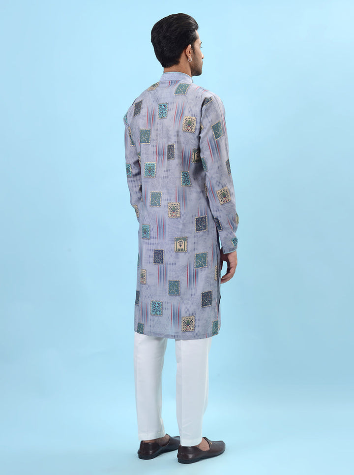 Grey silk blend kurta pajama set for men, perfect for traditional events, combining style and comfort seamlessly.