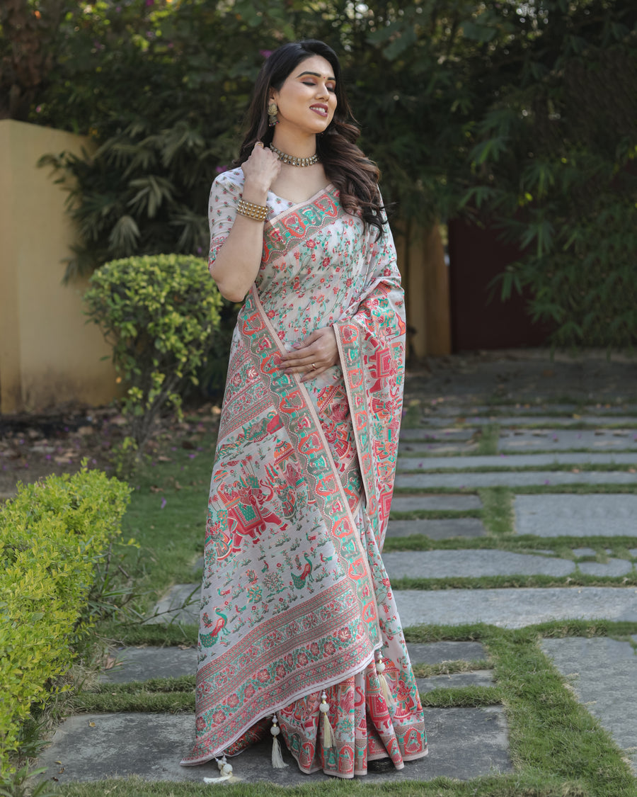 Elegant off-white Pashmina cotton saree with double-sided border and grand pallu, perfect for formal occasions.