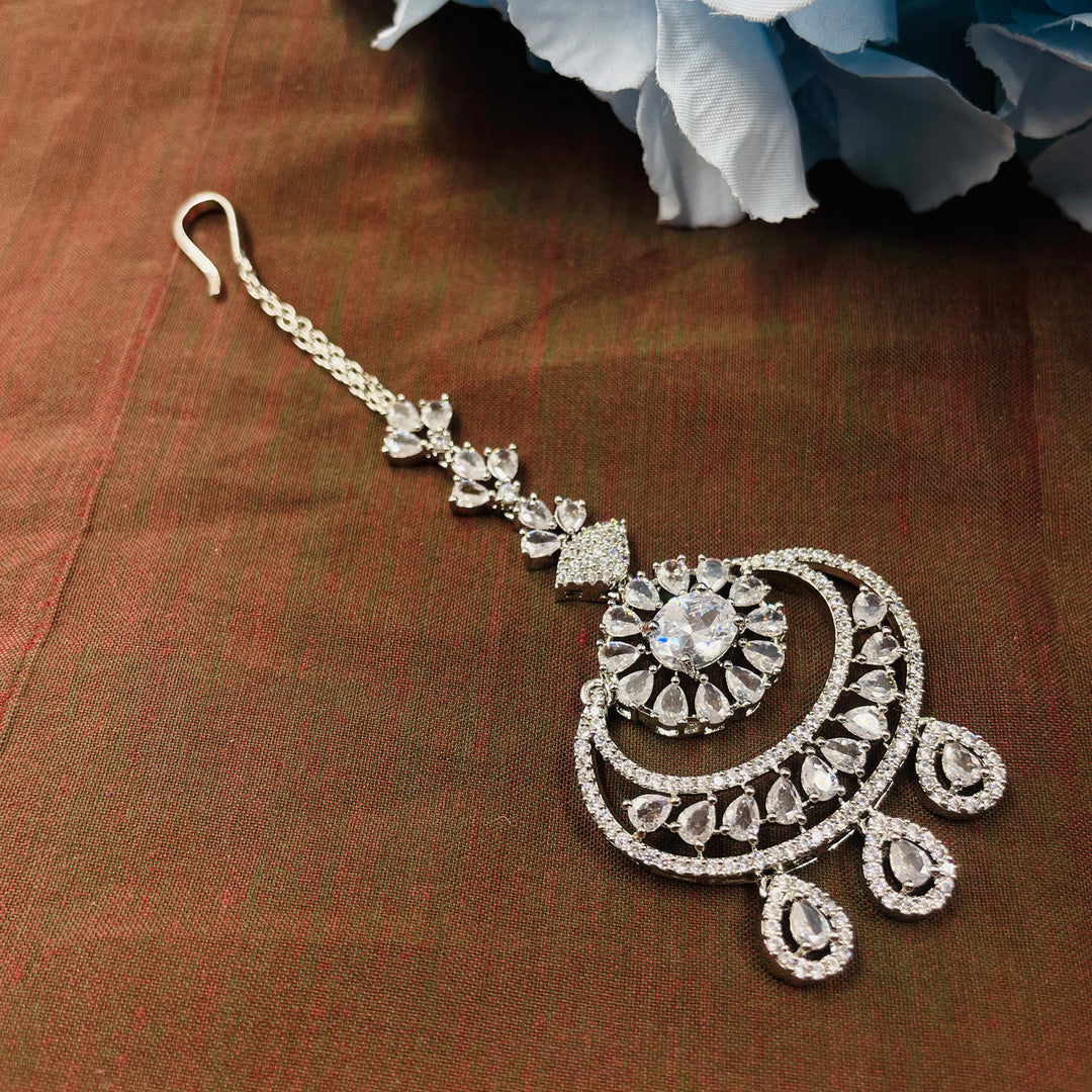 Elegant Silver AD diamond maang tika, a classic piece for Indian bridal jewelry.