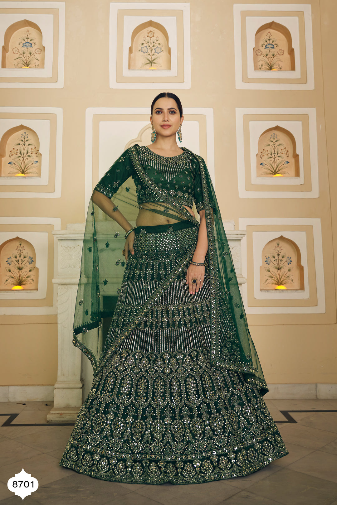 Elegant Green Lehenga | Bridal Lehenga with Dori & Mirror Work