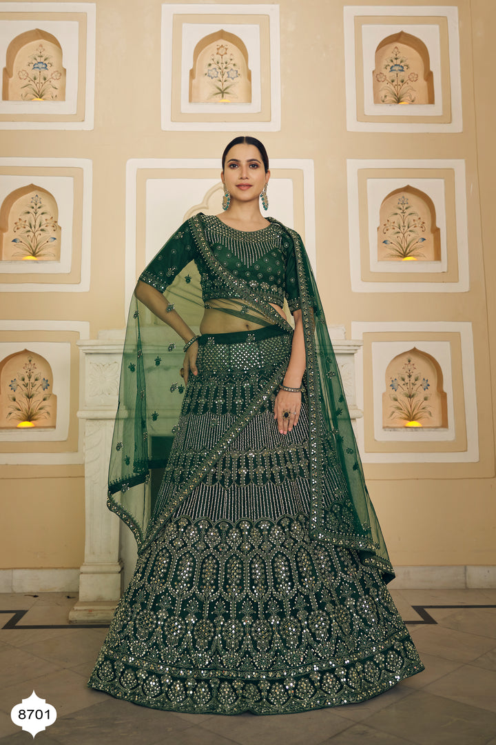 Elegant Green Lehenga | Bridal Lehenga with Dori & Mirror Work