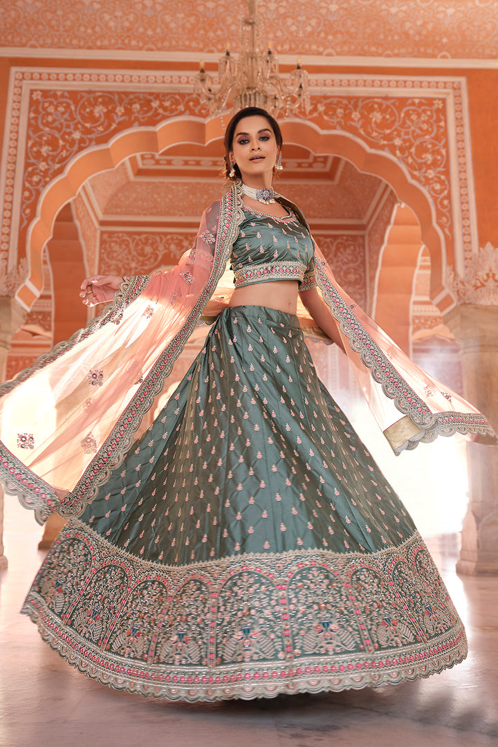 Rama Green Satin Lehenga | Bridal Lehenga for Wedding