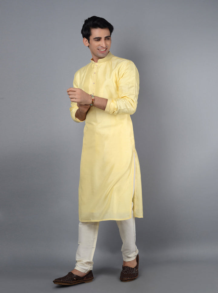 Comfortable light yellow kurta ideal for cultural events.